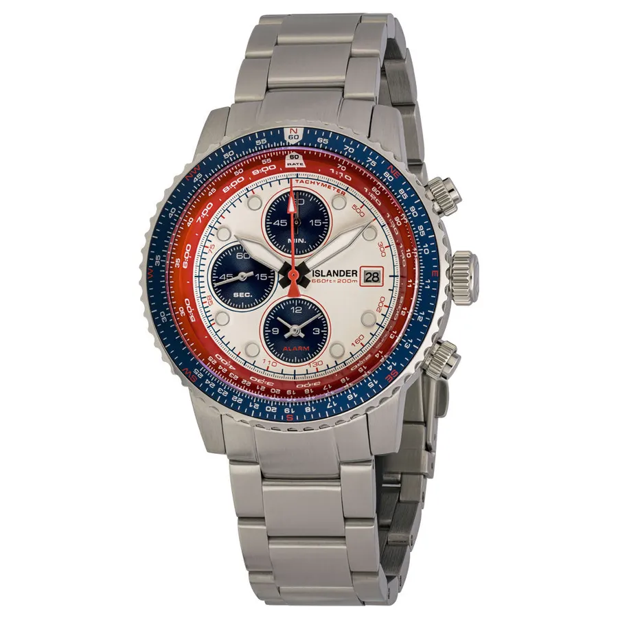 Islander Calverton flight chronograph with white dial and blue and red slide-rule bezel on steel bracelet