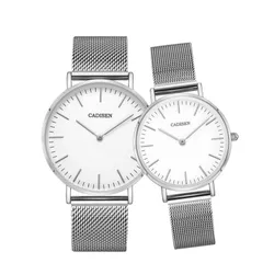 Cadisen C2025ML couple's set with white dials in silver-tone cases on steel mesh bracelets
