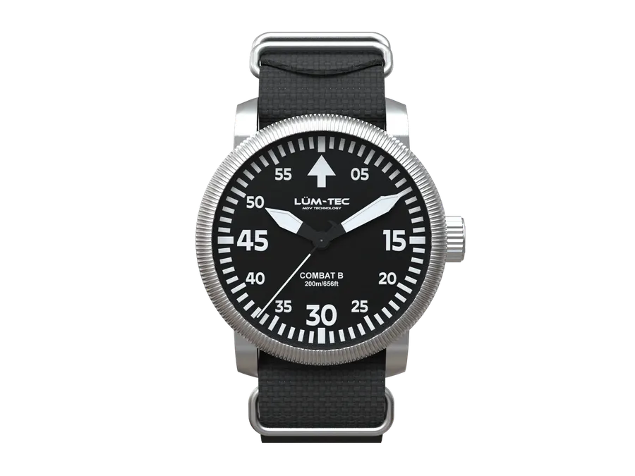 Lüm-Tec Combat B73, matte black pilot dial, steel case, front view