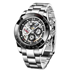 Pagani Design PD-1653 with skeleton dial and black tachymeter bezel on steel bracelet