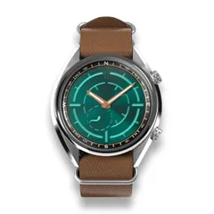 Feynman Fjorde Founder's Edition, teal sunburst dial with rose-gold hands, on brown strap