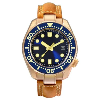 San Martin SN038-Q 44mm bronze diver with blue sunburst dial and date window on tan leather