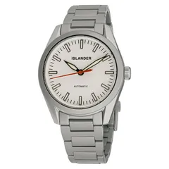 Islander Thunderbolt with white dial and red seconds hand on blasted steel bracelet