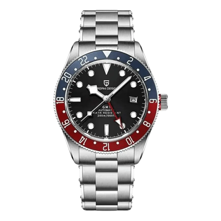 Pagani Design PD-1706 GMT with black dial and blue and red bezel on steel bracelet