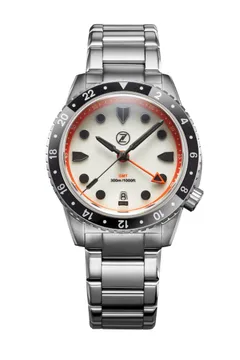 Zelos Mako 300m GMT, fully lumed hammered white dial with orange accents, black ceramic bezel