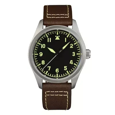 San Martin SN030-T2 39mm titanium pilot with Type A black dial on brown leather strap
