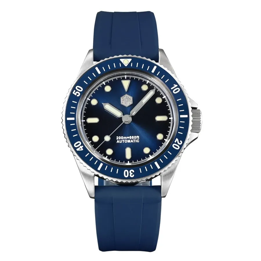 San Martin SN044-G 38mm diver with blue sunburst dial, blue ceramic bezel and blue rubber strap