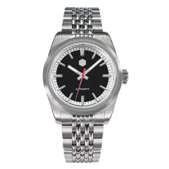 San Martin SN0106-G-3 with matte black dial and red seconds hand on seven-link bracelet