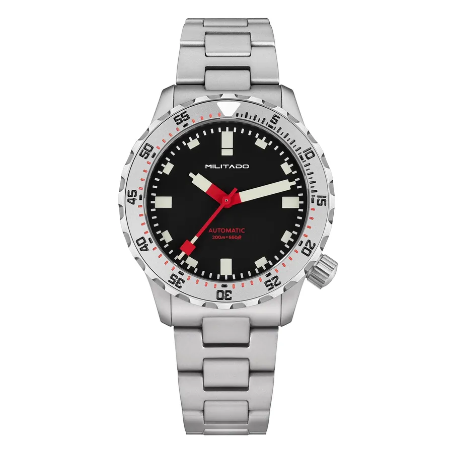 Militado ML20 (SL3001) with black dial and Militado logo, sandblasted case, on steel bracelet