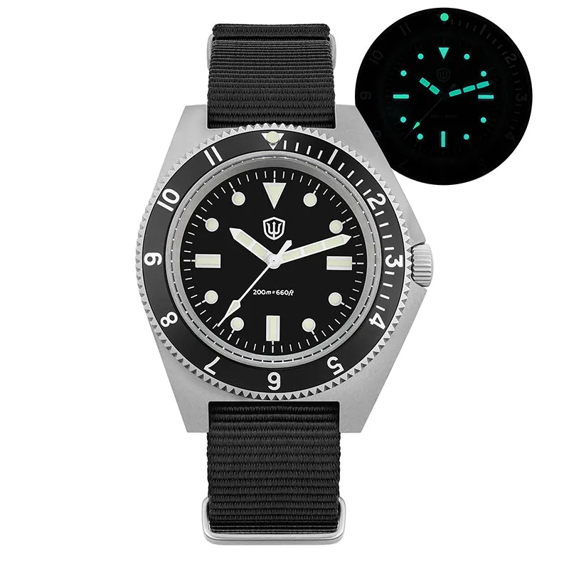 Watchdives WD1972 with matte black dial on a black nylon strap, with lume shot