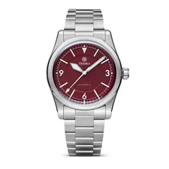 Traska Summiteer 36, oxblood red dial, on bracelet, front view