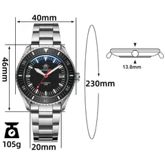 Addiesdive AD2060 dimension graphic (40mm, 46mm lug-to-lug, 13.8mm, 20mm, 105g)