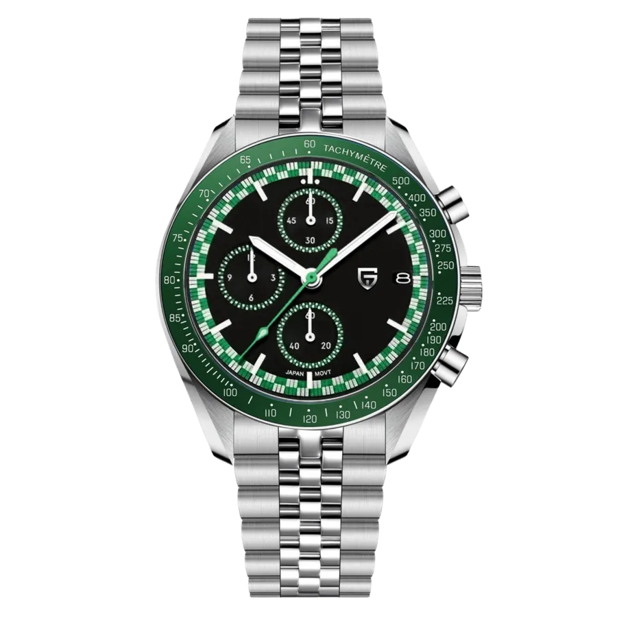 Pagani Design PD-1816 chronograph with black dial, green checkered minute track and green tachymeter bezel on Jubilee-style bracelet