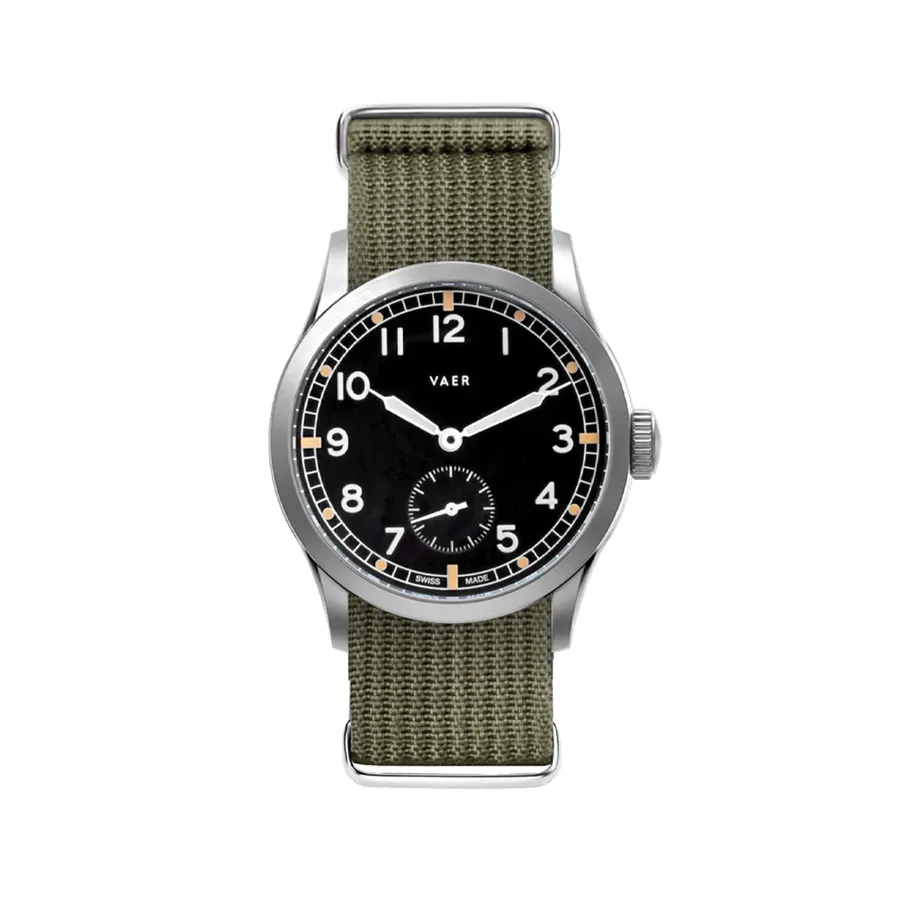 Vaer A12 Dirty Dozen 36mm, black dial with small seconds, on olive single-pass nylon strap