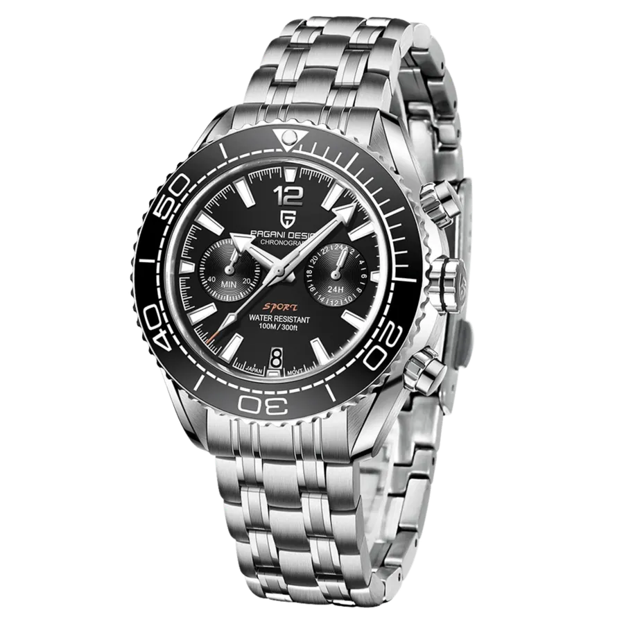 Pagani Design PD-1711 chronograph with black dial and black bezel on steel bracelet