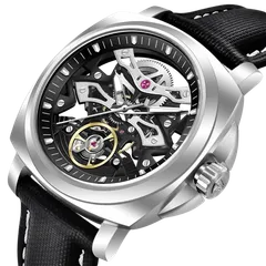 Pagani Design PD-YS017 close-up of the balance wheel at 6 under a bridge screwed down on one side, with central hours, minutes and seconds