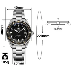 Addiesdive AD2058 dimension graphic on the bracelet (40mm, 46mm lug-to-lug, 13.8mm, 20mm, 220mm, 105g)