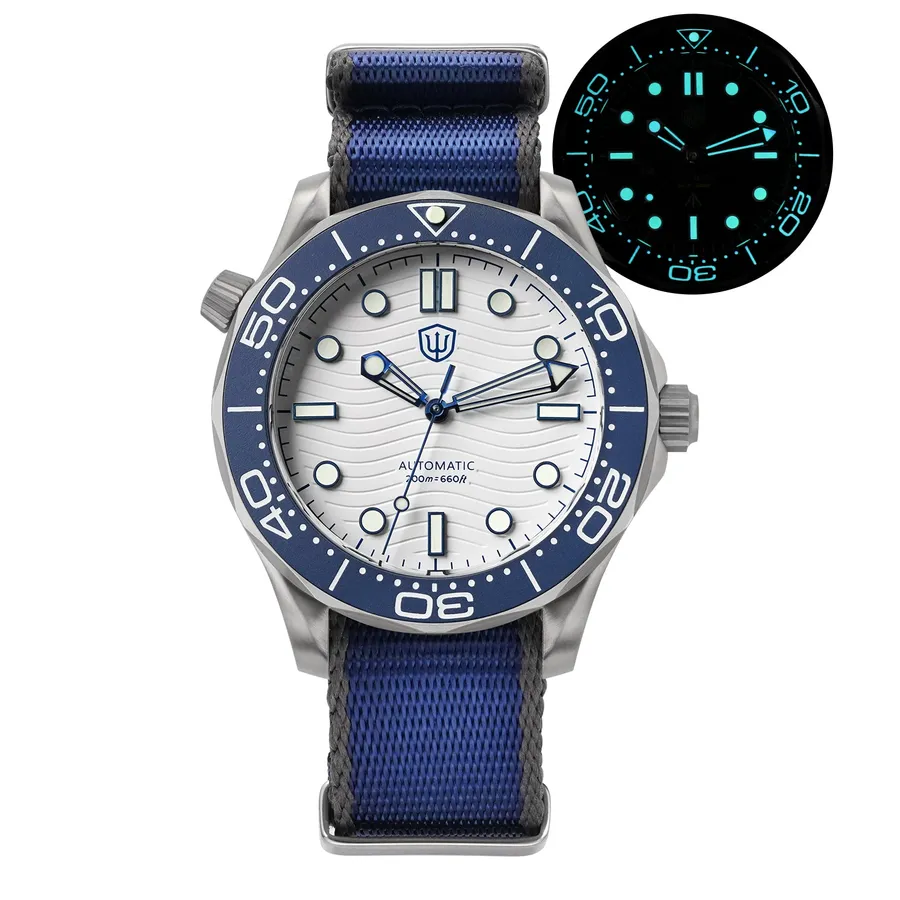 Watchdives WD007 V4 PT5000 with white wave dial and blue bezel on blue nylon strap