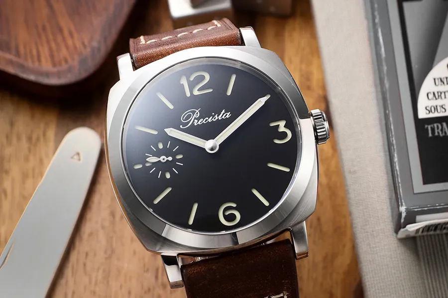 Timefactors Precista Italian PRS-46 Lépine, black sandwich dial with small seconds at 9, cushion case, on brown leather strap