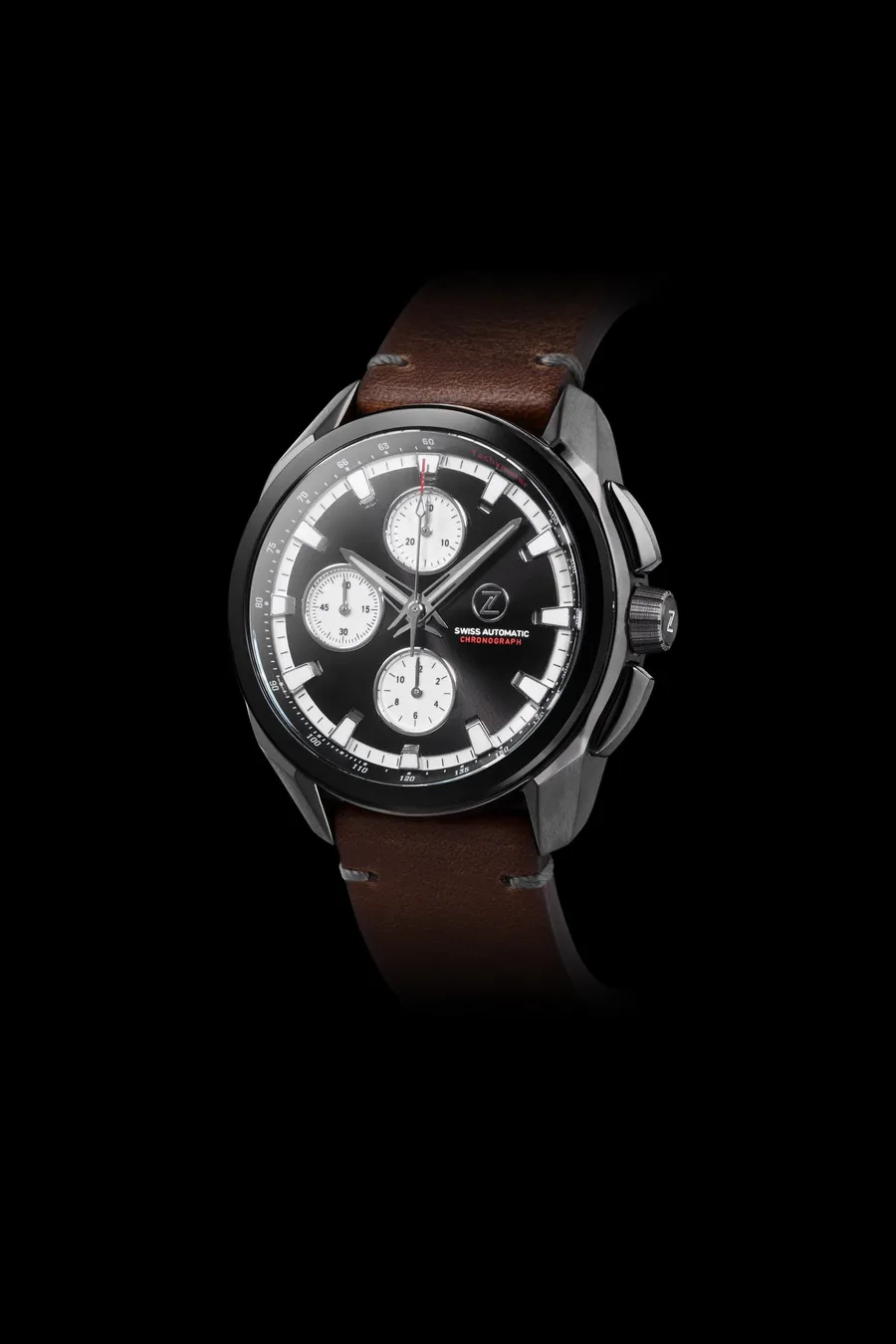 Zelos ZX-1 in titanium with black dial and white subdials (Zelos's photo shows the Swiss Automatic dial, not the Mechaquartz)