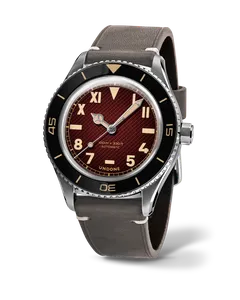 Undone Basecamp Cali Ume with plum California dial and black bezel on a grey leather strap