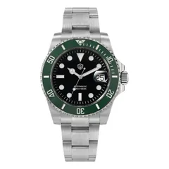 Watchdives WD5512B with black dial and green ceramic bezel on the steel bracelet