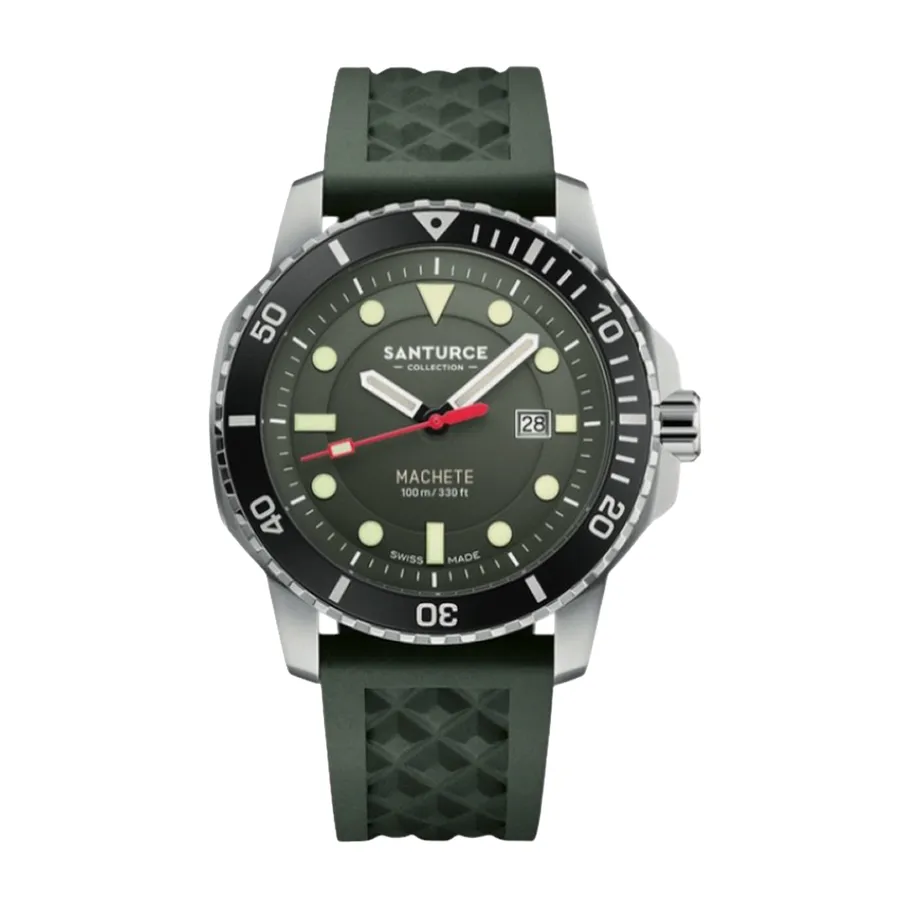Santurce Collection Machete with green dial, red seconds hand, date at 3 and black bezel on green rubber strap