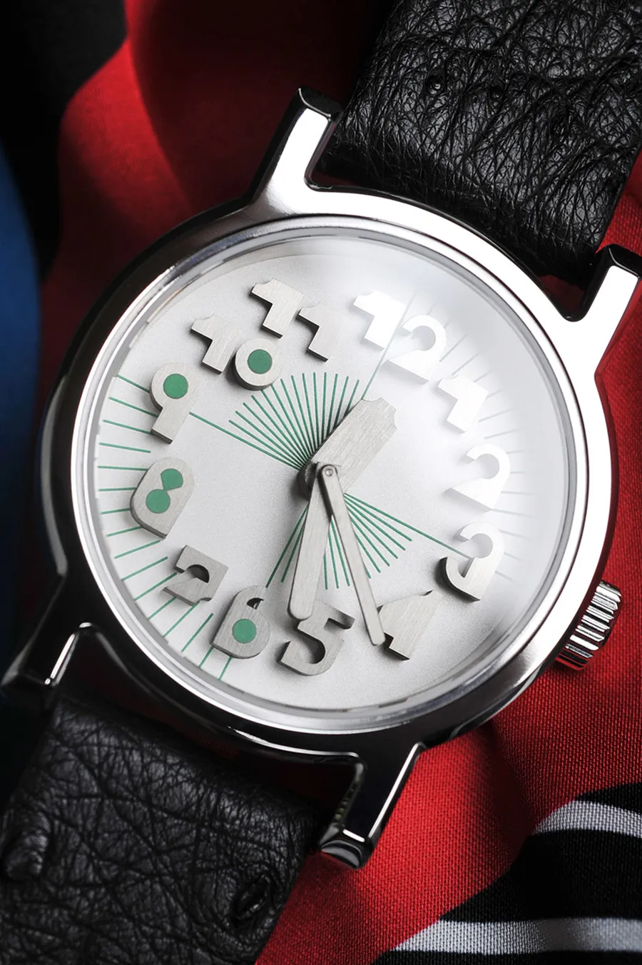 M/M (Paris) x Anicorn 2BUSY with a monochrome 3D numeral dial in a rhodium-plated case on a black strap