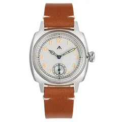Militado ML03 with vertical-textured silver dial, Arabic numerals and snake hands on brown leather strap